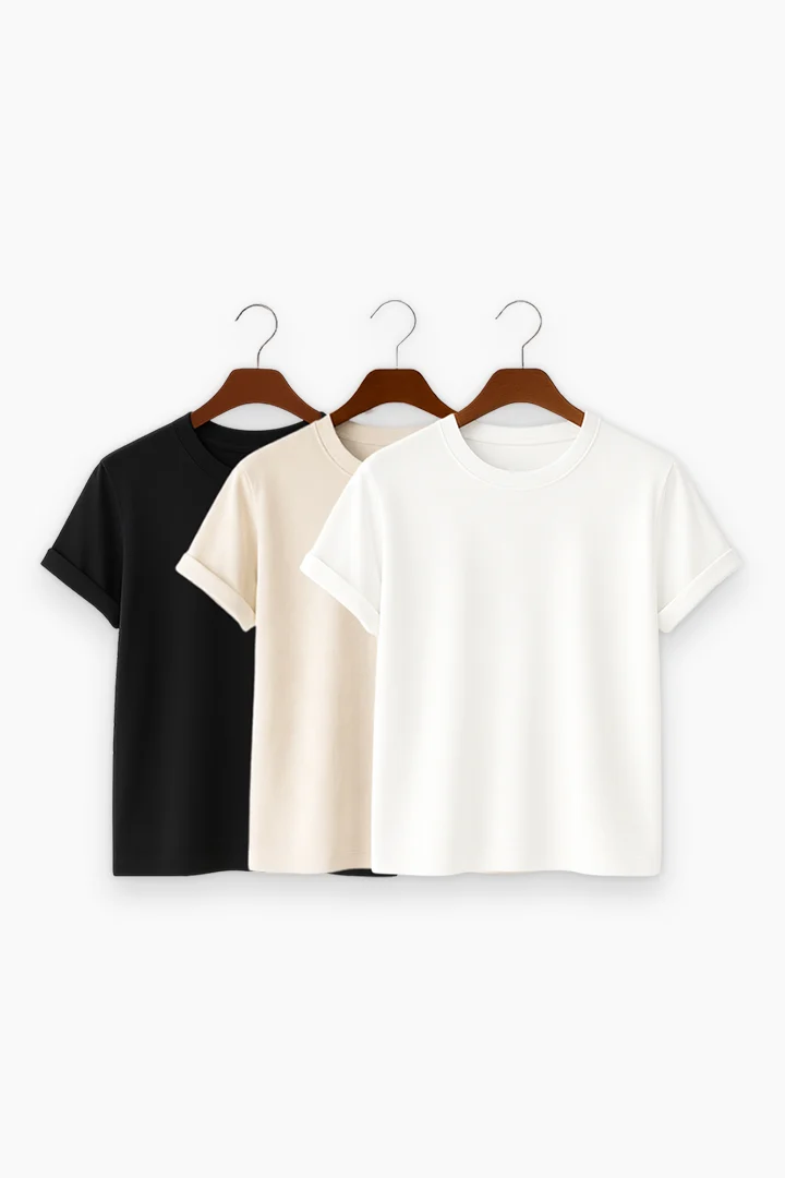 Premium Solid 3-Combo T-Shirts – White, Beige, Black