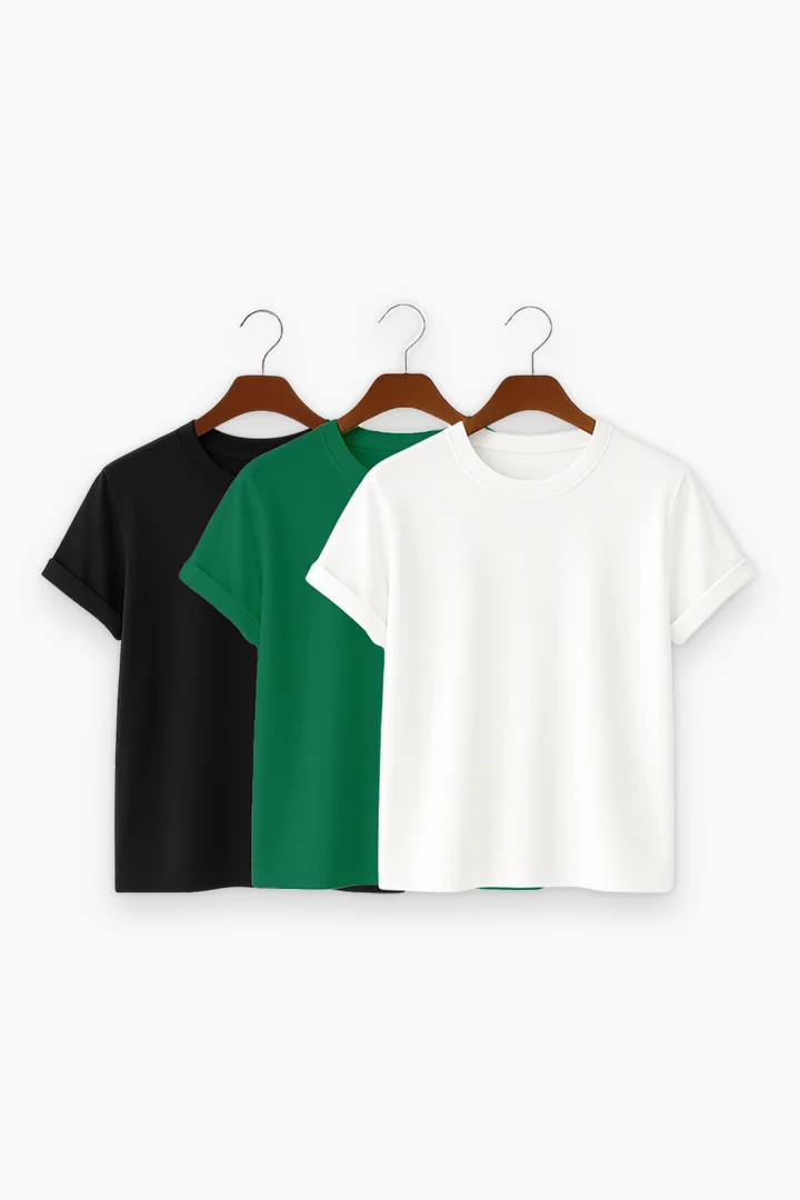 Premium Solid 3-Combo T-Shirts – White, Bottle Green, Black