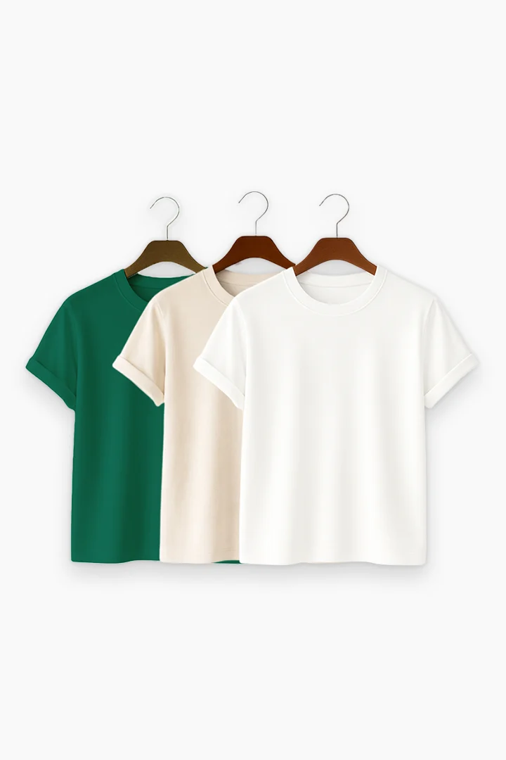 Premium Solid 3-Combo T-Shirts – White, Beige, Bottle Green