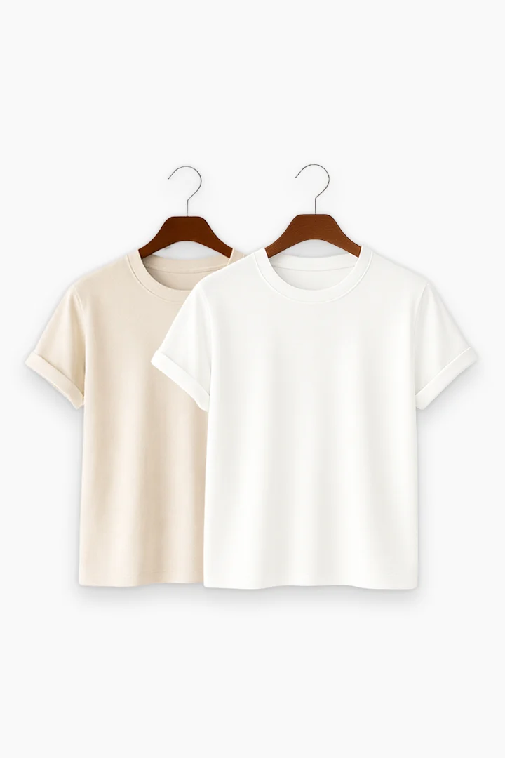 White & Beige Solid T-Shirt