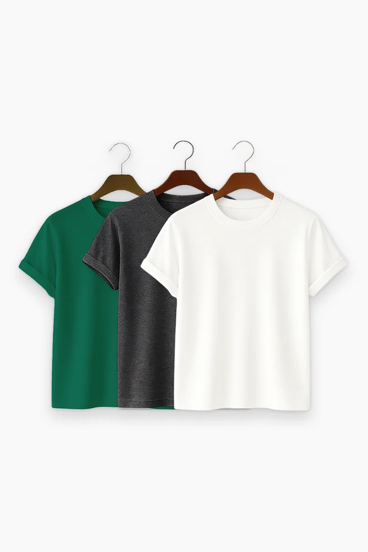 Premium Solid 3-Combo T-Shirts – White, Gray, Bottle Green