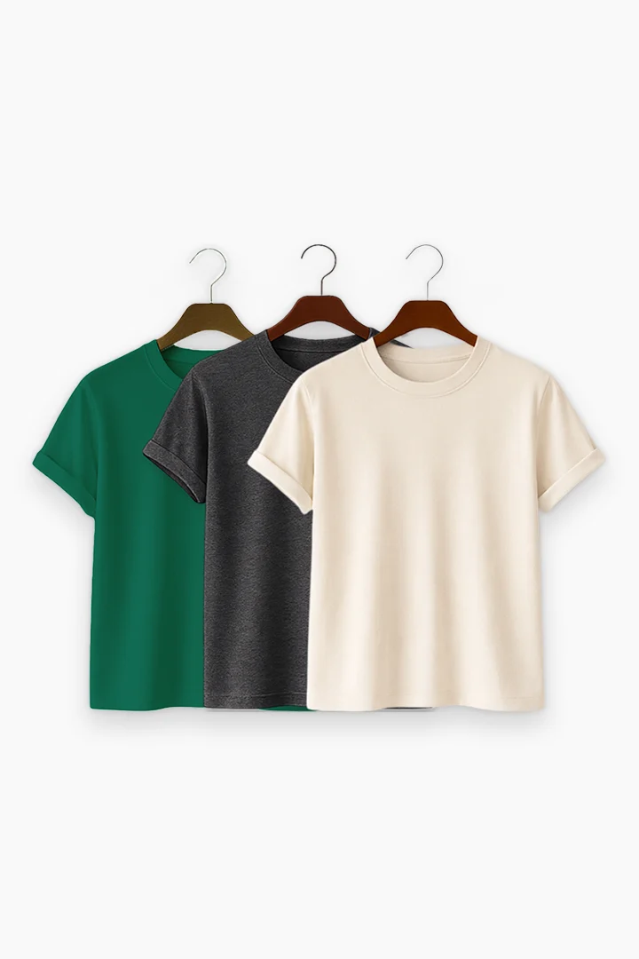 Premium Solid 3-Combo T-Shirts – Beige, Gray, Bottle Green