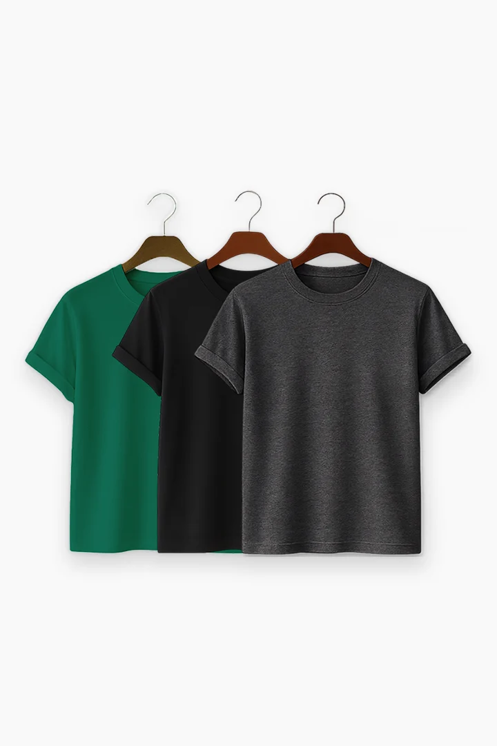 Premium Solid 3-Combo T-Shirts – Gray, Black, Bottle Green