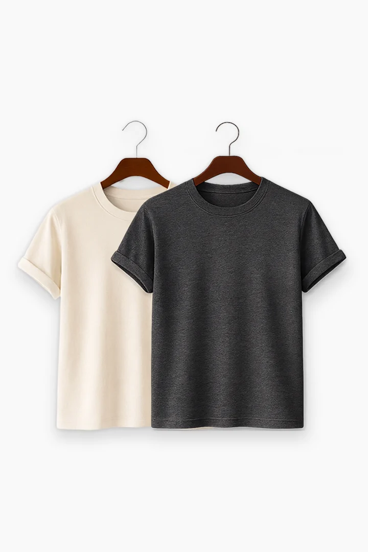 Premium Solid 2-Combo T-Shirts - Gray, Beige