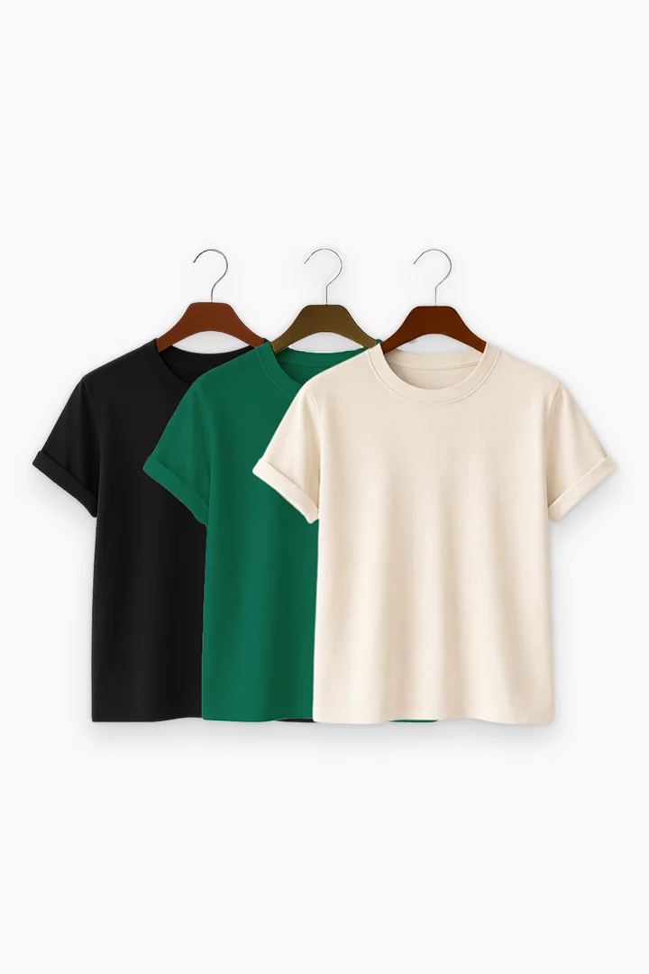Premium Solid 3-Combo T-Shirts – Beige, Bottle Green, Black