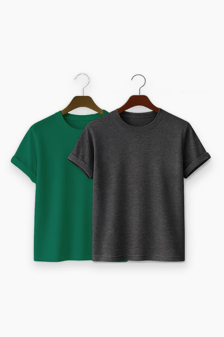 Premium Solid 2-Combo T-Shirts - Gray, Bottle Green