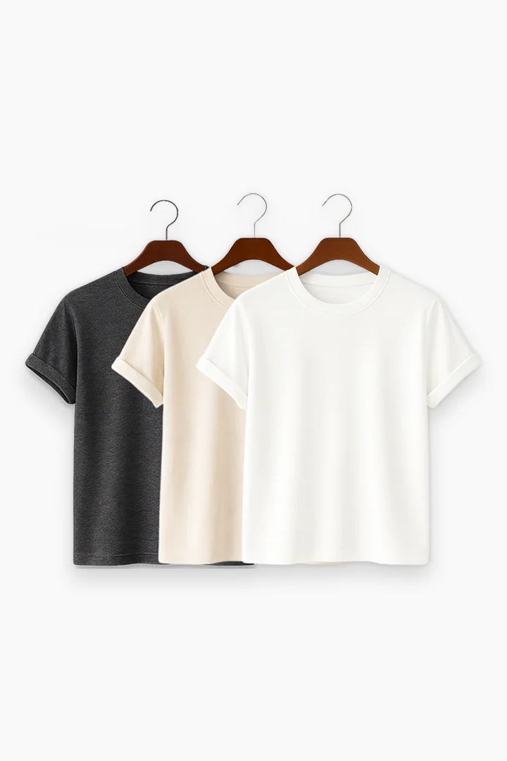 Premium Solid 3-Combo T-Shirts – White, Beige, Gray