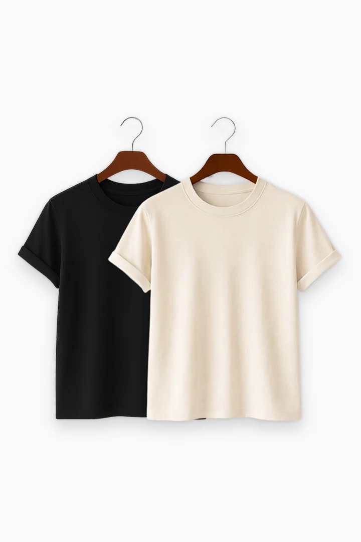 Premium Solid 2-Combo T-Shirts - Beige, Black