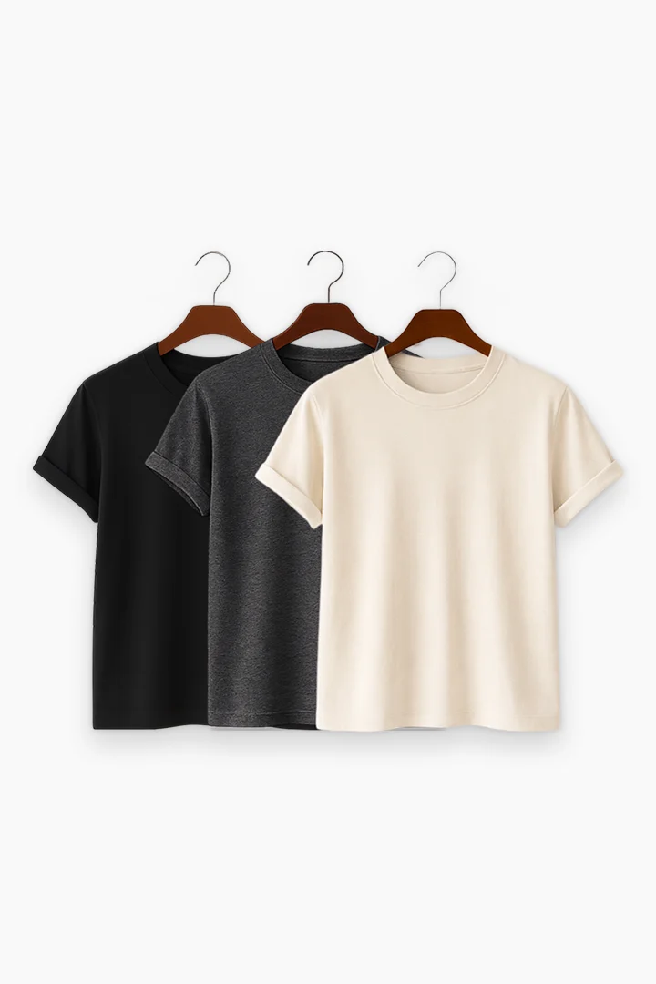 Premium Solid 3-Combo T-Shirts – Beige, Gray, Black