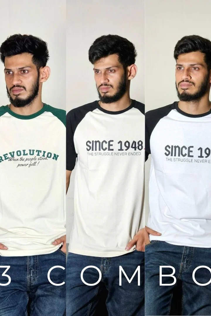 Premium Raglan 3-Combo T-Shirts - White(Since), Beige(Since), Beige(Revolation)