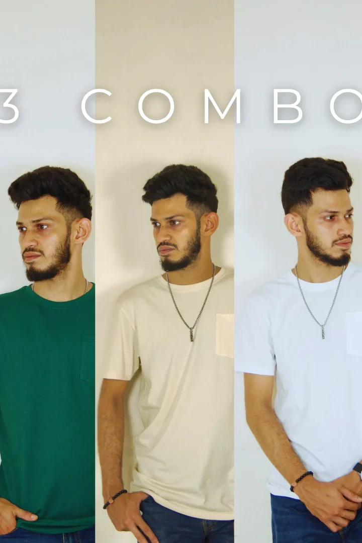 Solid Pocket 3 Combo T-Shirts – Bottle Green & Beige & White
