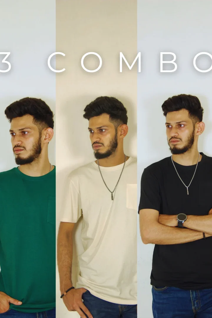 Solid Pocket 3 Combo T-Shirts – Bottle Green & Beige & Black
