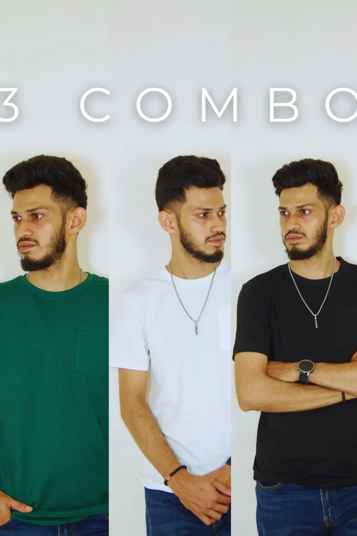 Solid Pocket 3 Combo T-Shirts – Bottle Green & White & Black