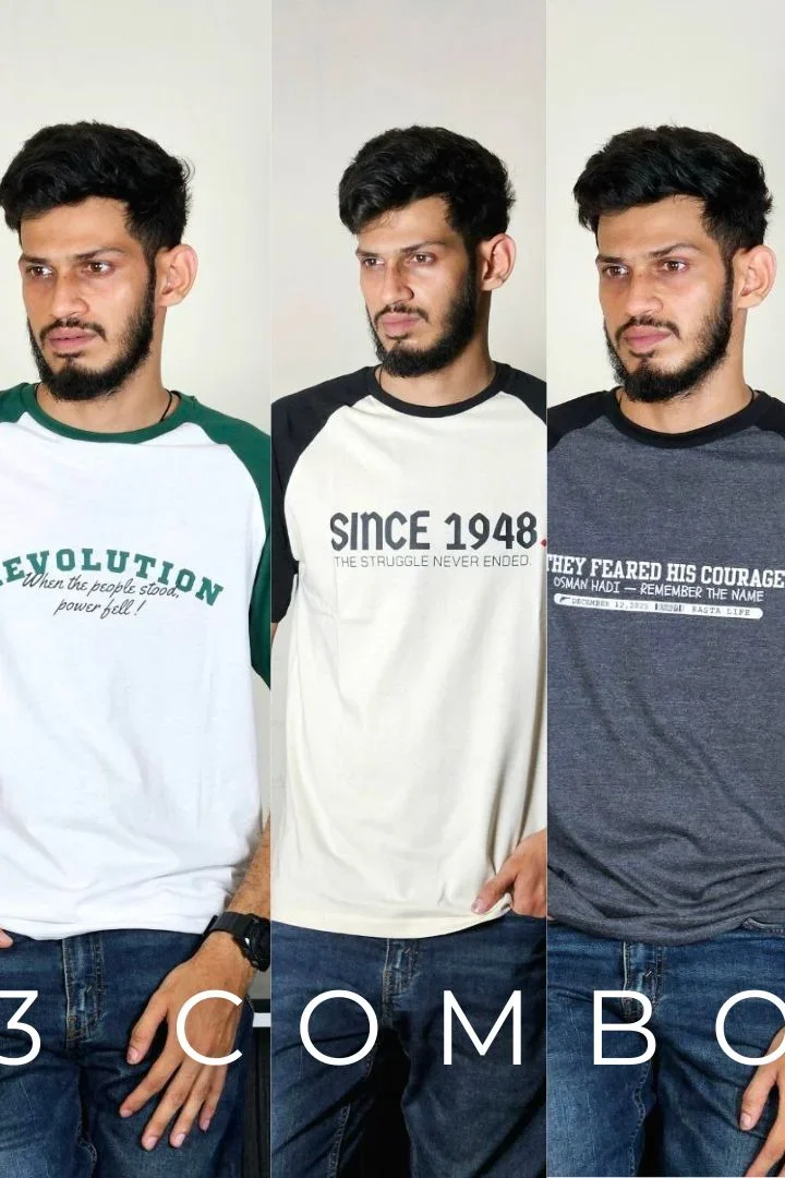 Premium Raglan 3-Combo T-Shirts - White(Revolation), Beige(Since), Gray(Hadi)