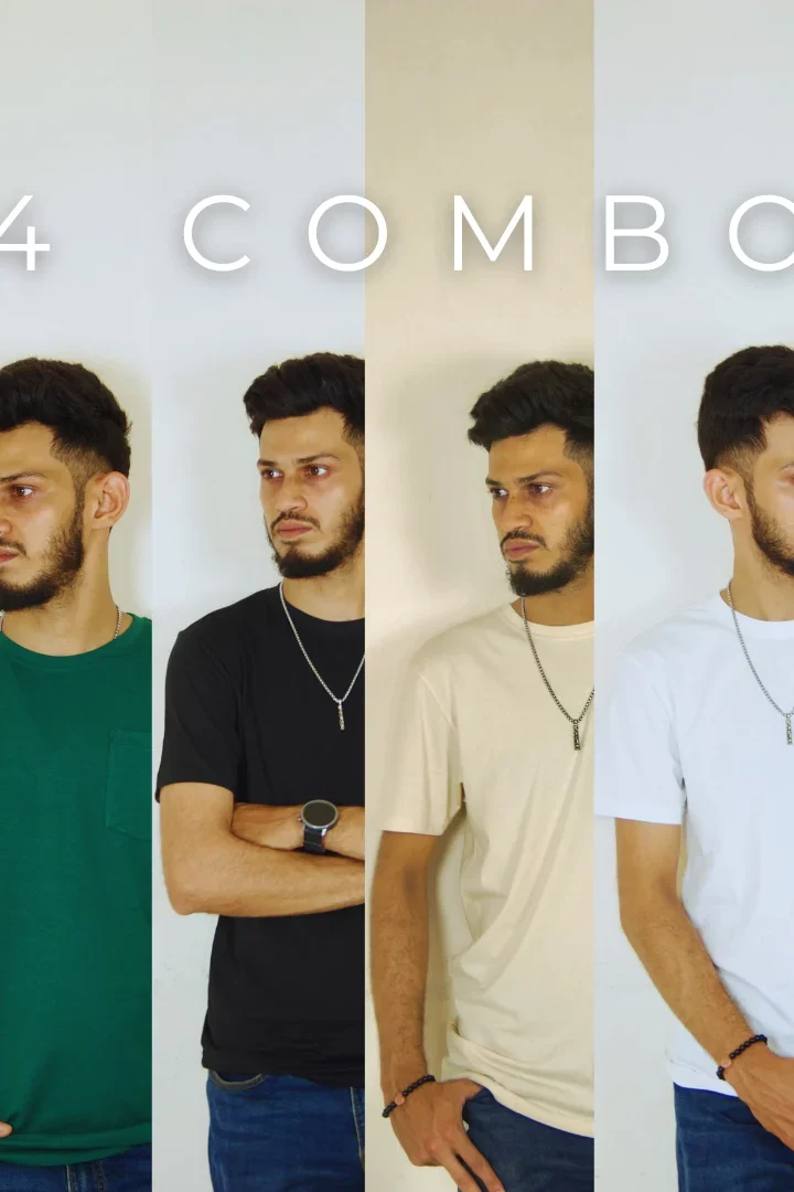 Solid Pocket 4 Combo T-Shirts – Black & Beige & White & Bottle Green