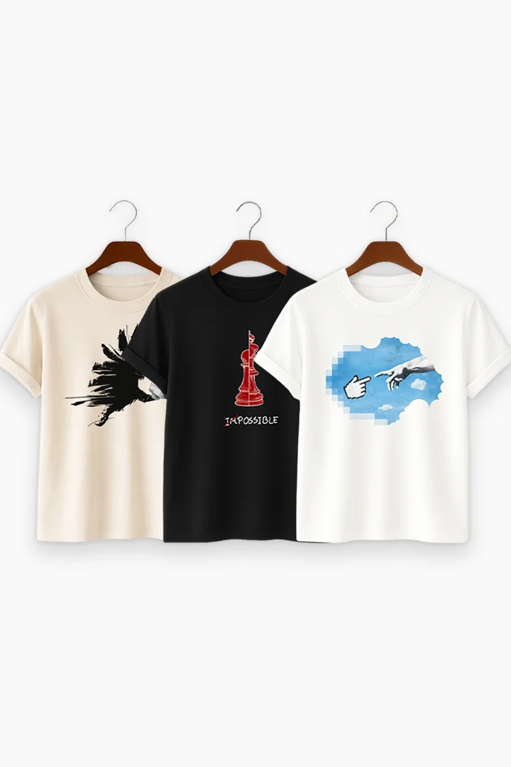 Premium Print 3-Combo T-Shirts – Beige & Black & White