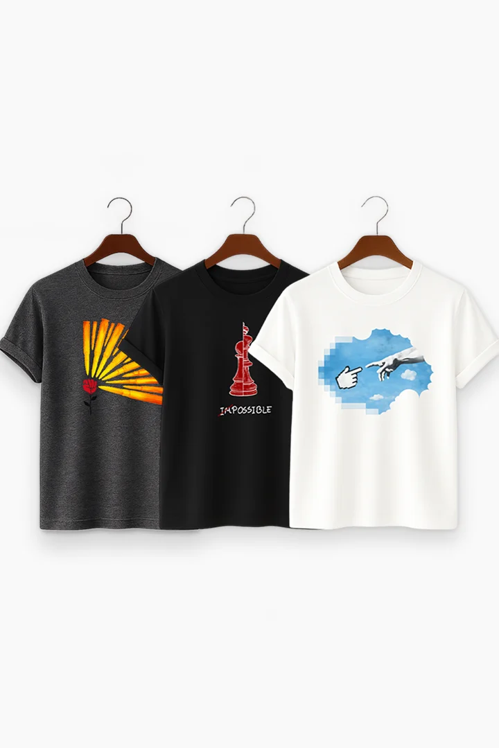 Premium Print 3-Combo T-Shirts – Gray & Black & White