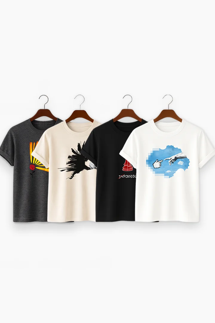 Premium Print 5-Combo T-Shirts – Gray, Beige, Black, White & Bottle Green