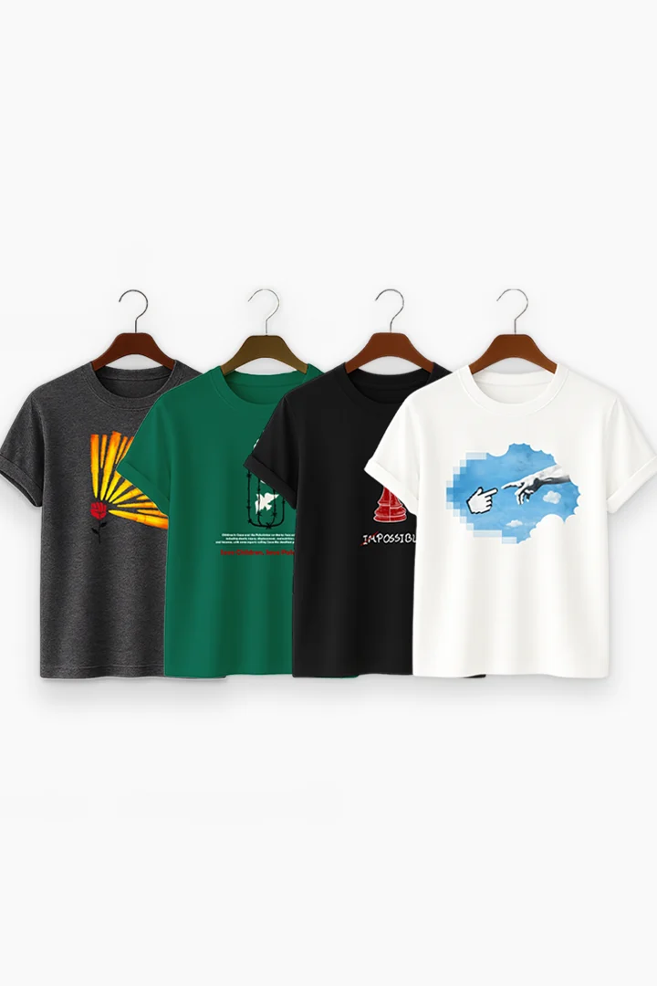 Premium Print 4-Combo T-Shirts – Gray, Bottle Green, Black & Beige