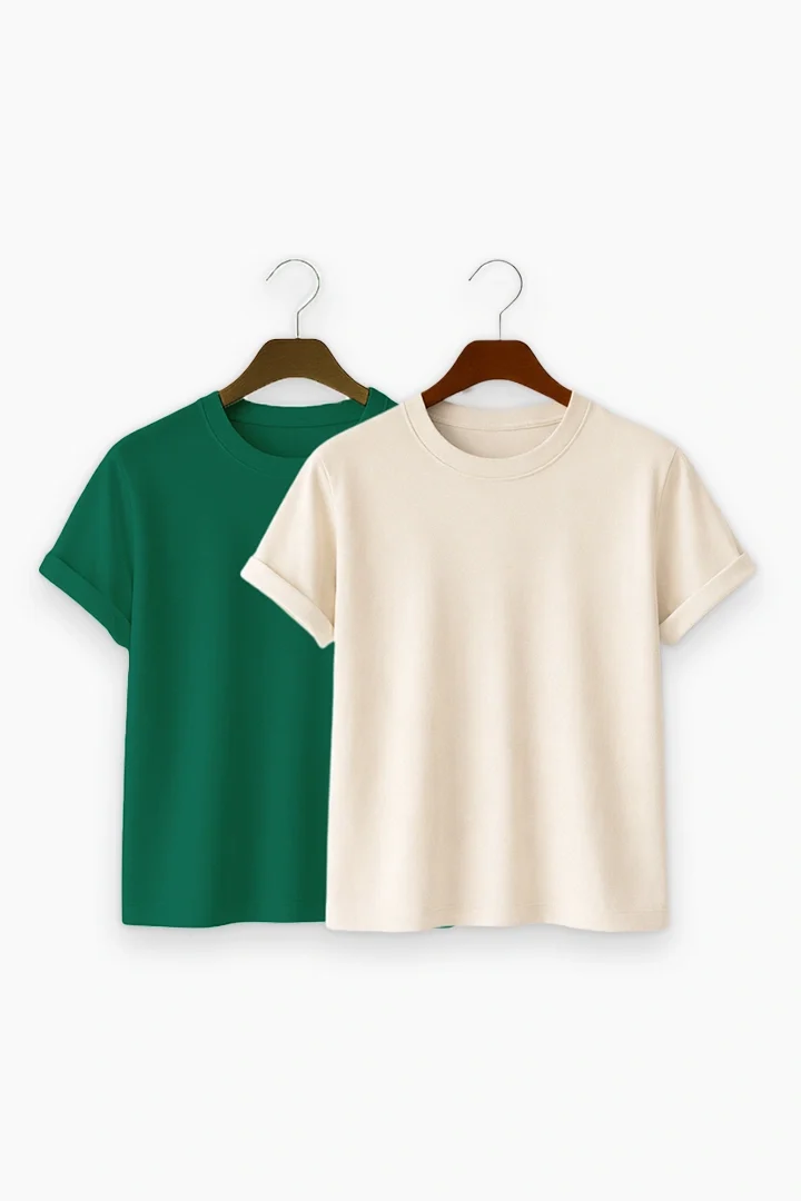 Premium Solid 2-Combo T-Shirts - Beige, Bottle Green