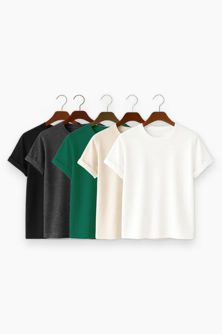 Premium Solid 5-Combo T-Shirts – White, Beige, Bottle Green, Gray, Black