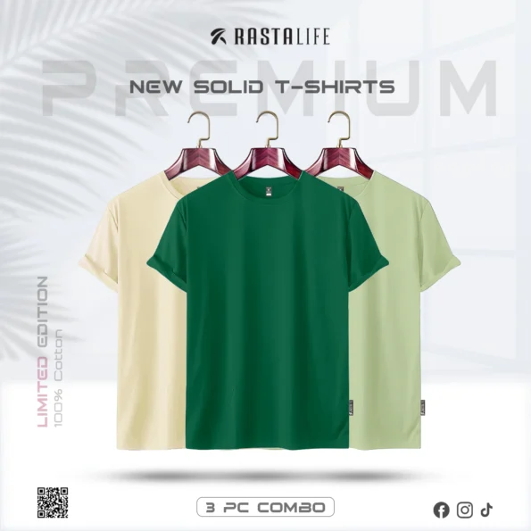 Premium Solid 3-Combo T-Shirts – Bottle Green, Beige, Olive