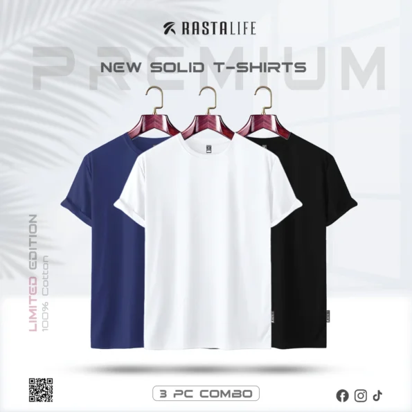 Premium Solid 3-Combo T-Shirts – White, Black, Navy Blue