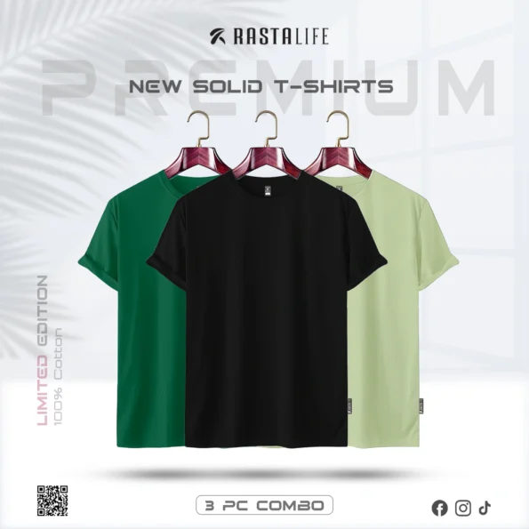 Premium Solid 3-Combo T-Shirts – Black, Olive, Bottle Green