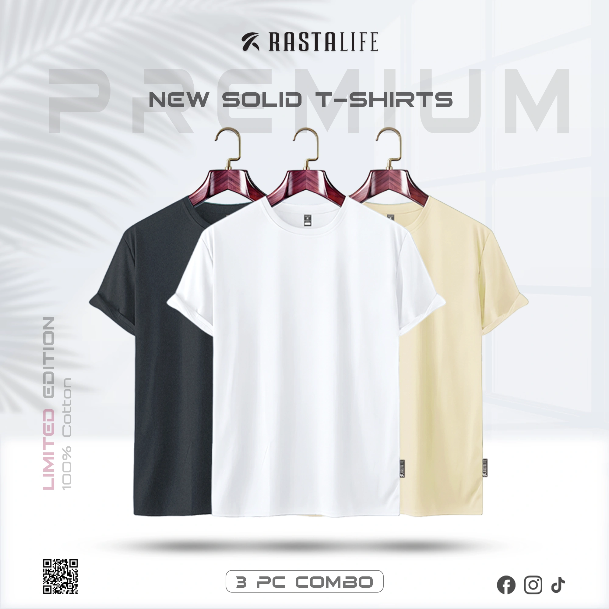 Premium Solid 3-Combo T-Shirts – White, Gray, Beige