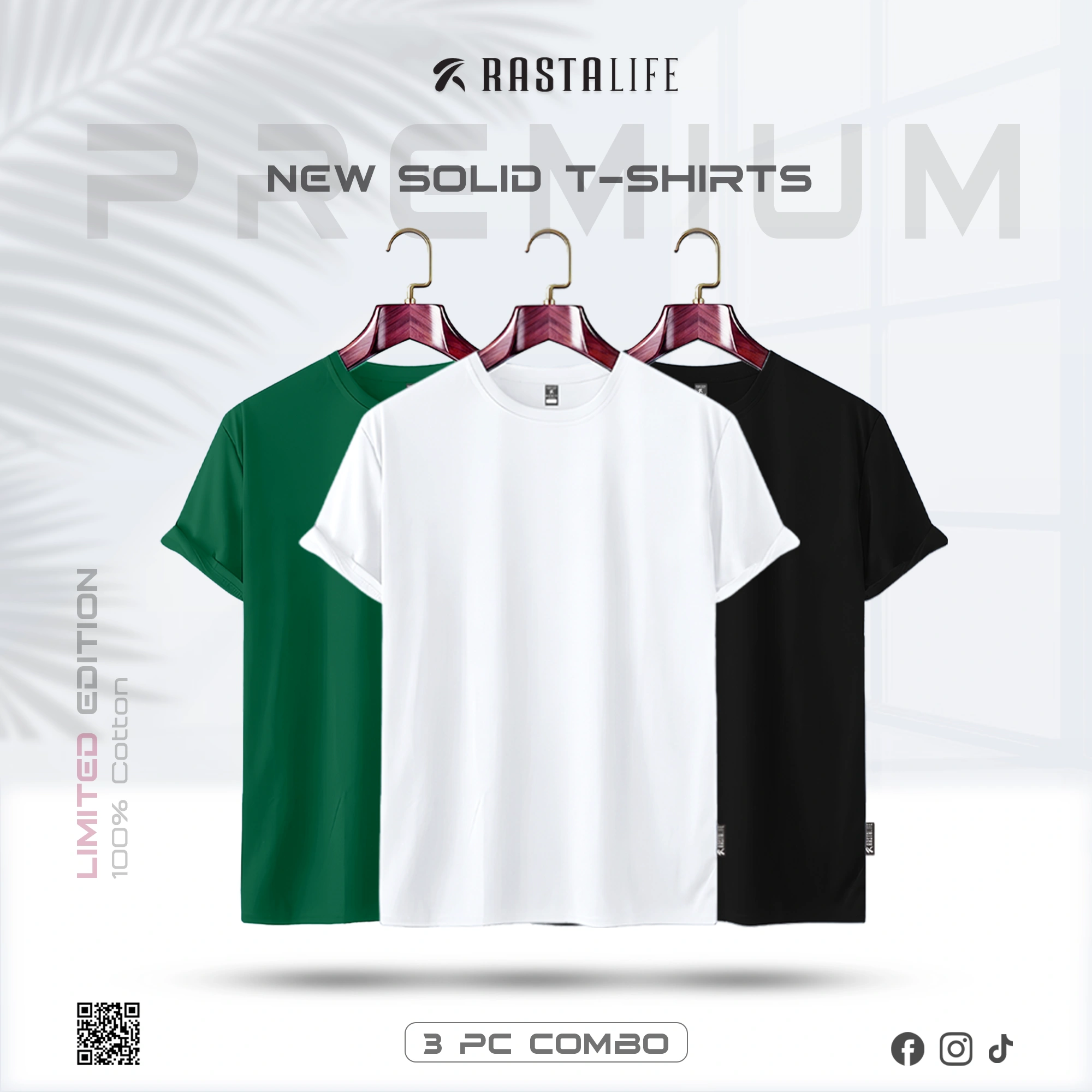 Premium Solid 3-Combo T-Shirts – White, Black, Bottle Green