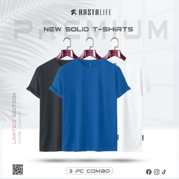 Premium Solid 3-Combo T-Shirts – Petrol, White, Gray
