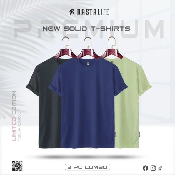 Premium Solid 3-Combo T-Shirts – Navy Blue, Olive, Gray